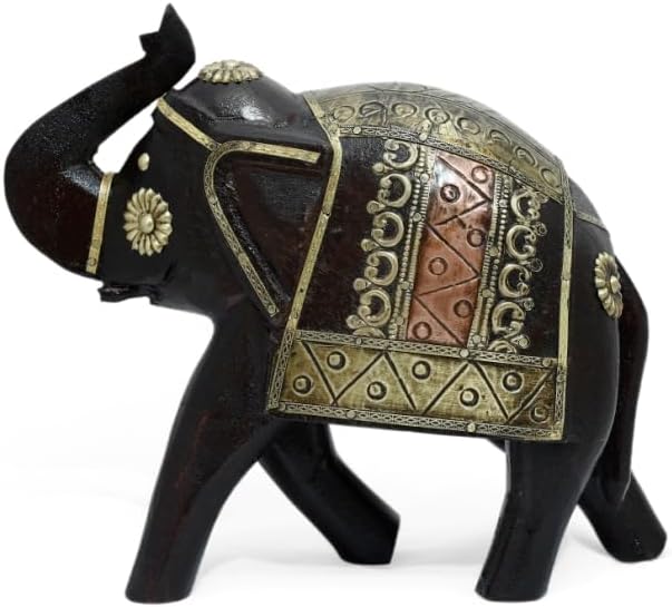 Wooden Wood 8″ Brass Fitting Brass Punching Elephant Statue, Drawing Room Decors Elephant Figurine, Gift Item Ethnic Idol Decorative Sculpture, Vintage Figurines Elephant Black