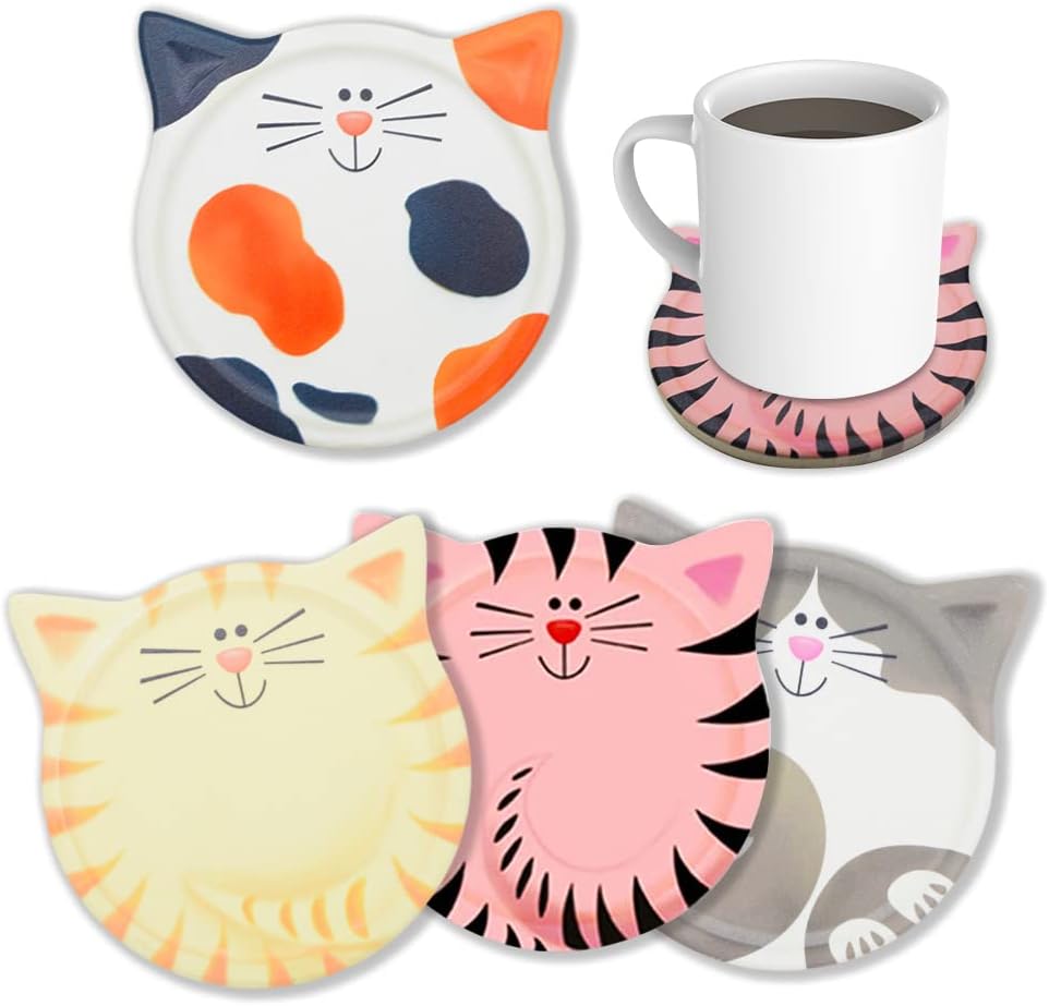 Funny Cat Themed Absorbent Ceramic Drink Coasters, Perfect for Cat Decor and Gift for Cat Lovers, Birthday, Christmas, Housewarming