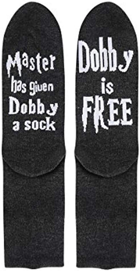 Dobby Socks, SweetGo Dobby Is Free Knitted Words Unisex Combed Cotton Novelty Funny Socks 1 Pack (Black-1 Pair, One Size)