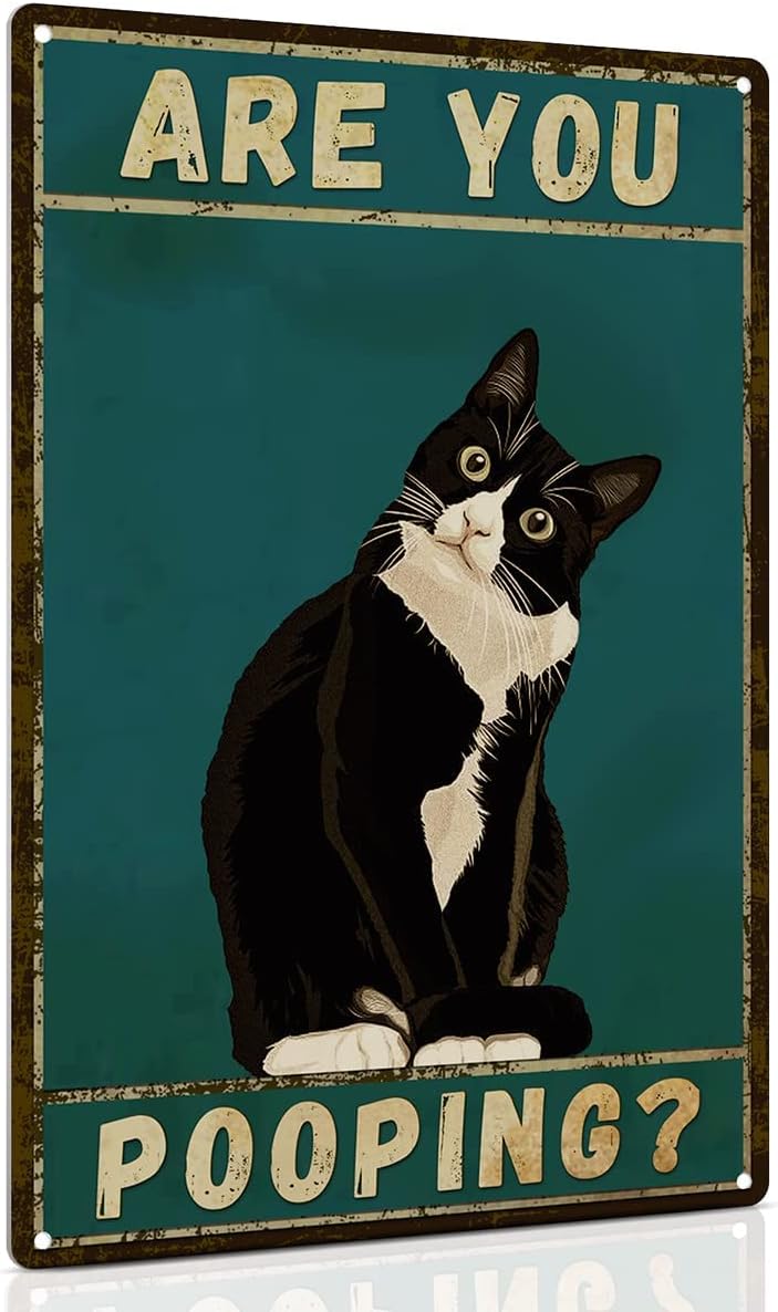 ALKB Bathroom Sign Tuxedo Cat Wall Decor Funny Metal Sign 8×12 Inch – Are You Pooping – Wall of Glory Decor Black Cat Sign