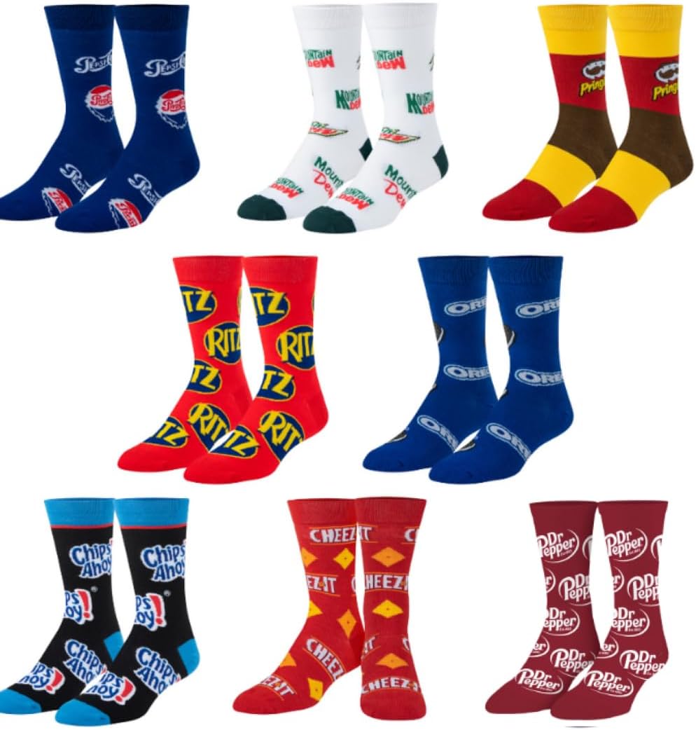 Crazy Socks, Snack & Junk Food Themes, Fun Silly Novelty Crew, Large, Fun 8 Pack