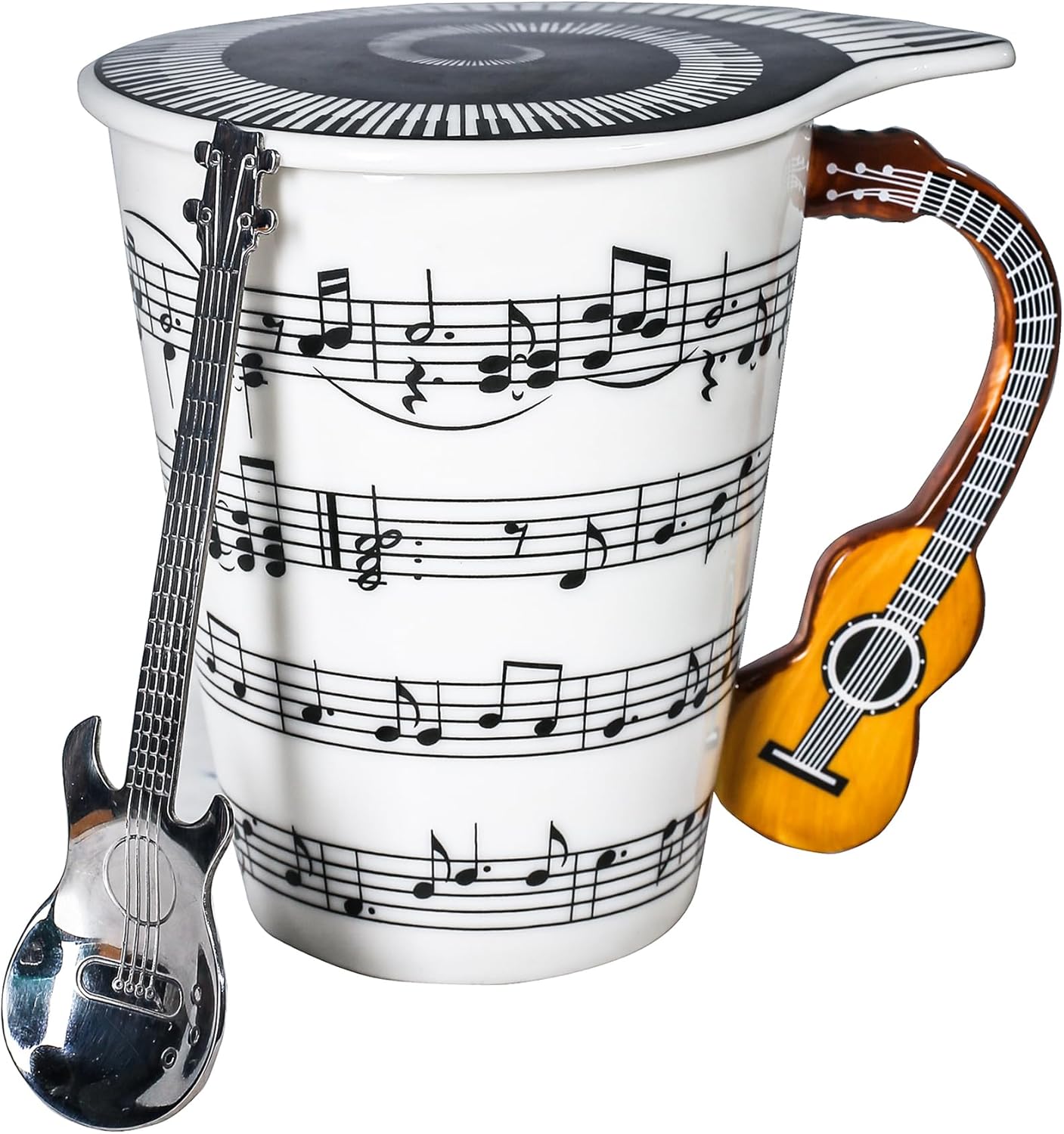 Guitar Novelty Mug Unique Musical Gift Coffee Cup with Cool Music Themed Lid & Guitar Handle Design & Guitar Spoon, Great Gifts for Music Teacher, & Guitar Lovers for Holidays, Fathers Day, Men, Women