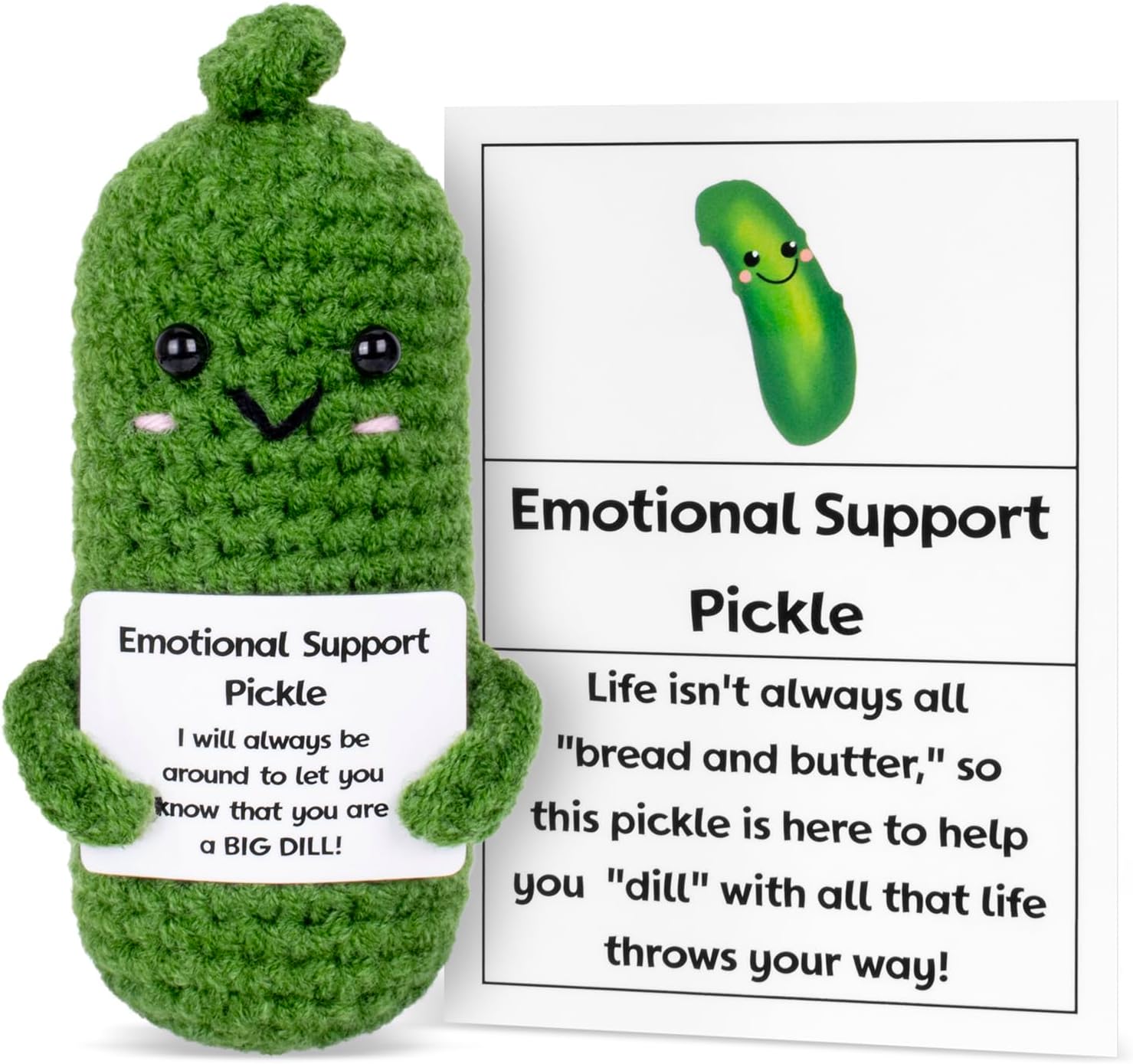 Funny Pickle Emotional Support Doll, Cute Crochet Cucumber Toy with Positive Card Cheer Up Funny Gag Gifts for Best Friend Birthday Housewarming Women Teacher Fall (Pickle)