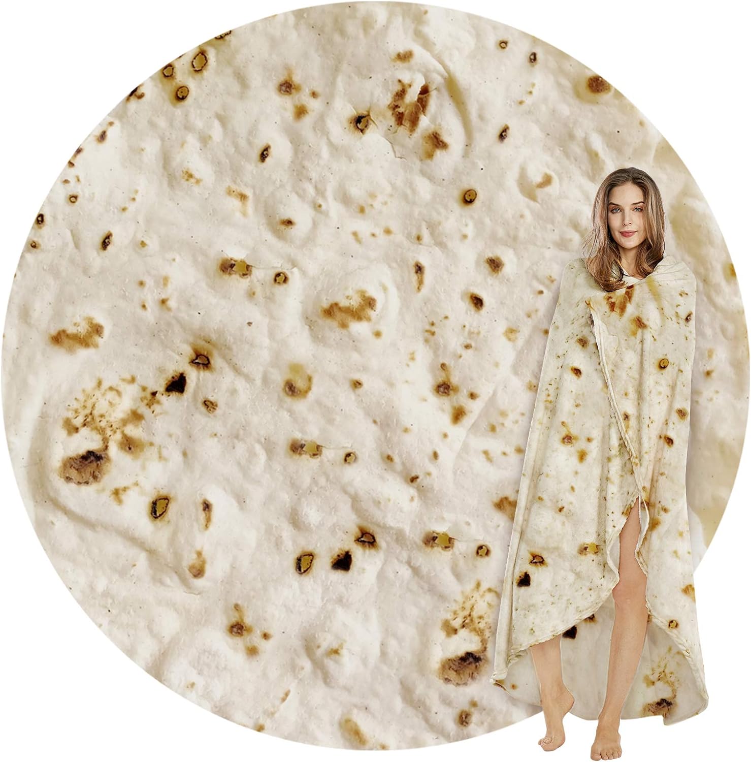 SeaRoomy Burritos Tortilla Blanket, Tortilla Wrap Blanket, Novelty Funny Tortilla Round Blanket Giant Tortilla Round Soft Blanket (Beige, 47 inches)