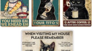 4PC Cat Home Kitchen Decor Poster Metal Tin Signs | Funny Cute Cats Themed Room Wall Art Decorations Vintage Kitty Biscuits Coffee Tito House Cool Weird Stuff Novelty Items Gifts for Cat Lovers