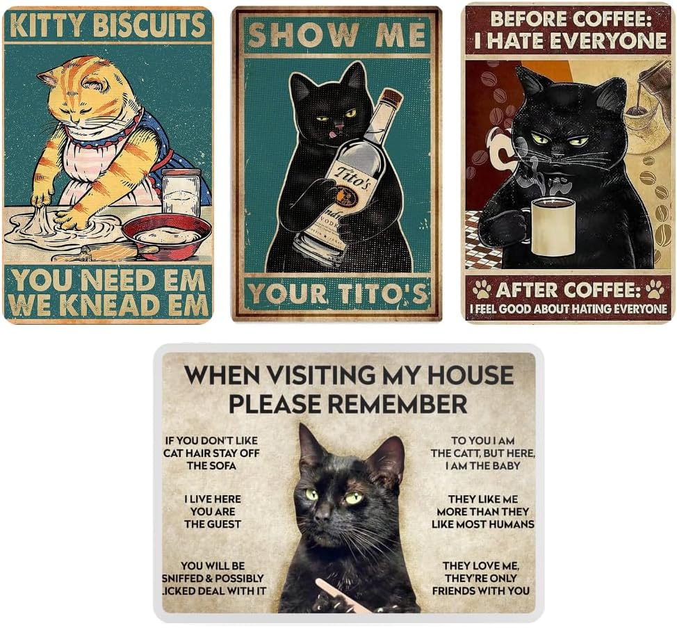 4PC Cat Home Kitchen Decor Poster Metal Tin Signs | Funny Cute Cats Themed Room Wall Art Decorations Vintage Kitty Biscuits Coffee Tito House Cool Weird Stuff Novelty Items Gifts for Cat Lovers