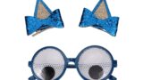 Blue Spinning Eyes Sunglasses & Blue Sequins Glitter Dog Ears Hair Clips Set – Fun Christmas Party Accessories for Adults & Kids – Holiday Halloween Party Favors, Novelty Items, Gifts