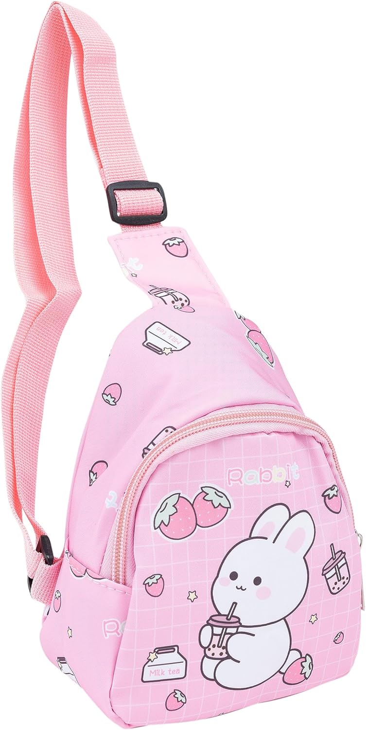 Cute Children Sling Bag Small Cartoon Rabbit Crossbody Shoulder Bag Coin Purse Waist Backpack Canvas for kid 1-5-Pink Strawberry Bunny