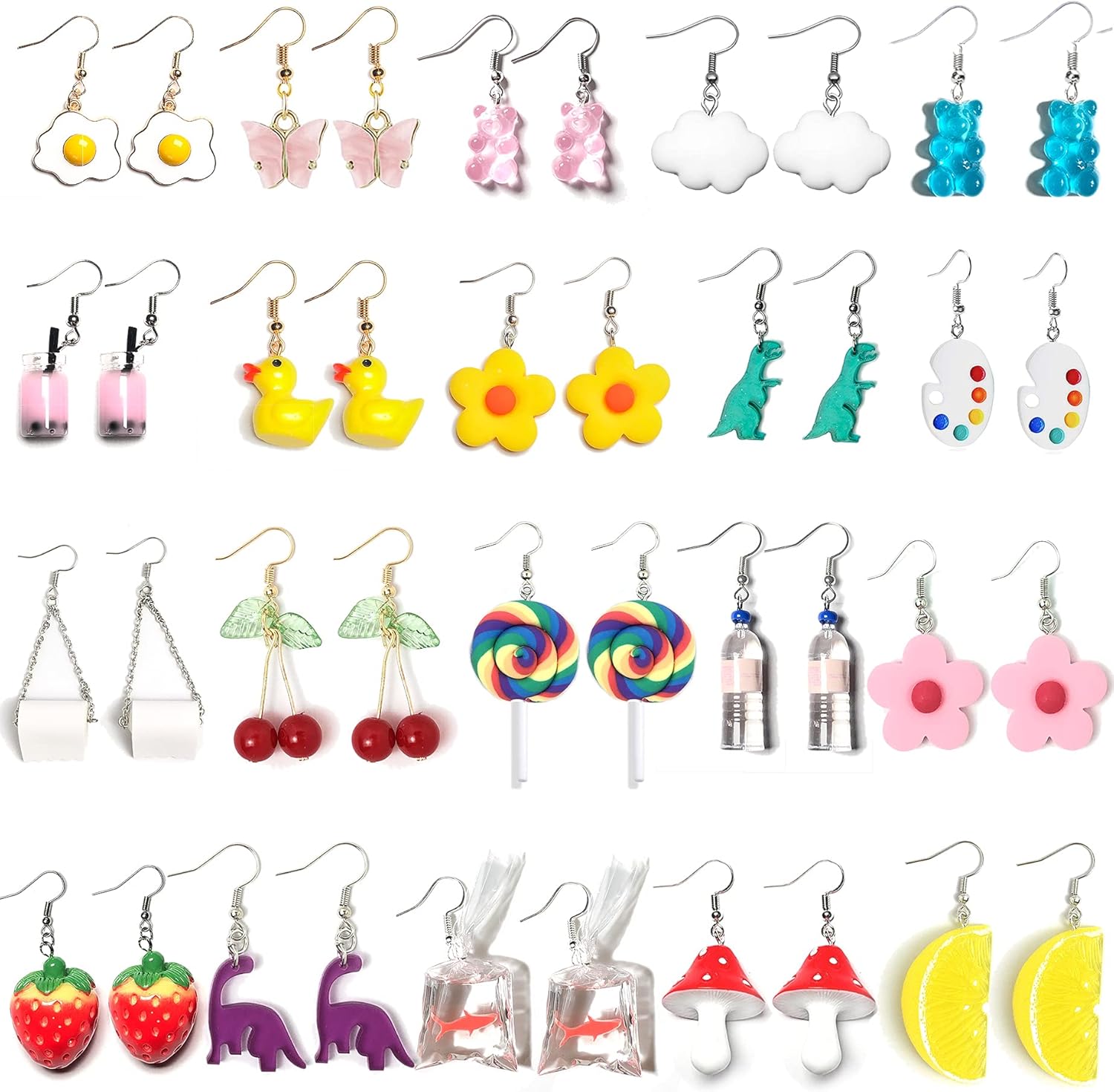 20 Pairs Weird Earrings Funny Earrings Gummy Bear Duck Water Bottle Fish Dinosaur Mushroom Butterfly Strawberry Dangle Earrings Set for Women