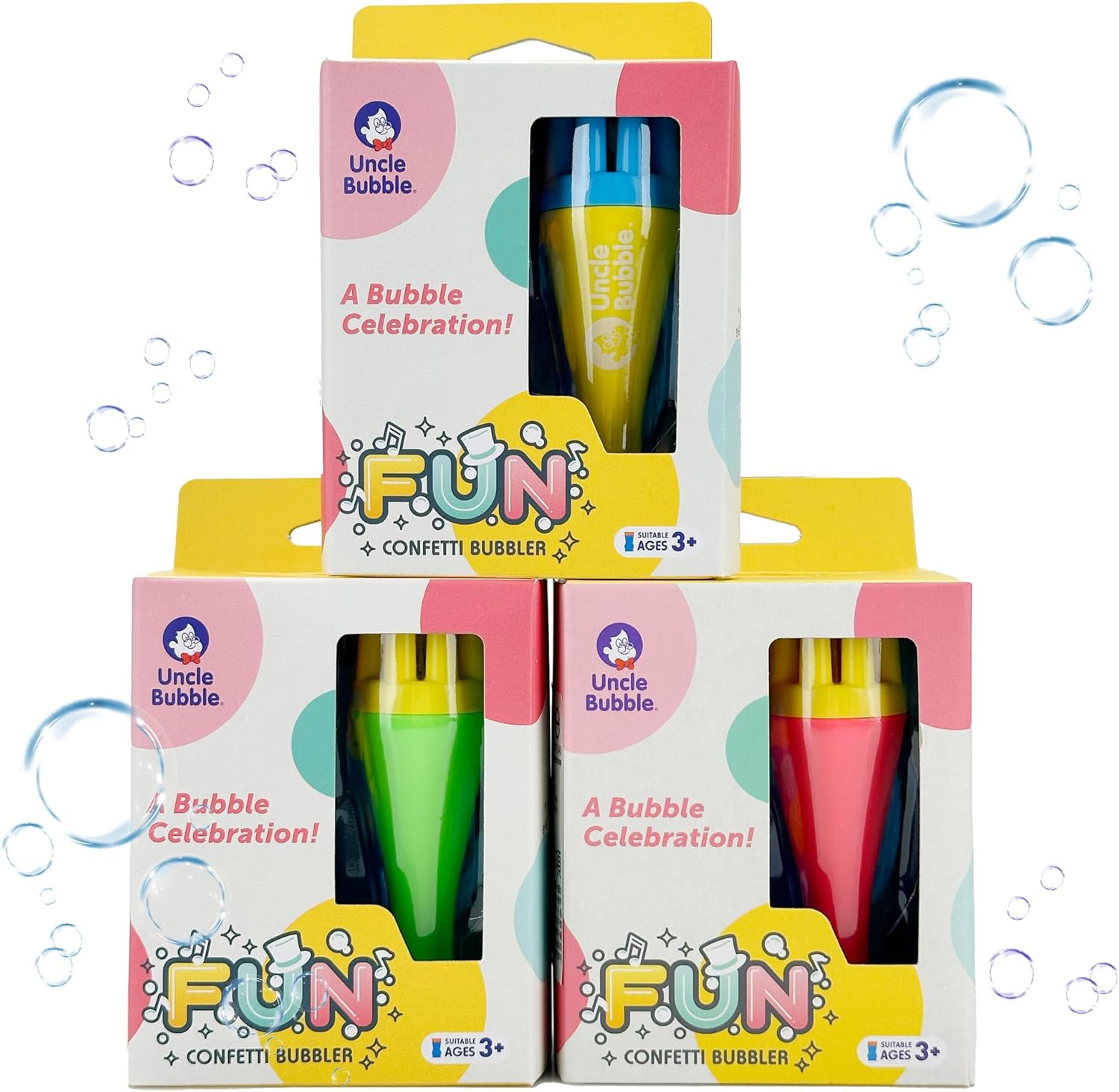 Bubble Blower for Kids and Toddlers 3, Uncle Bubble Mini Bubble Blower 3 Colors Family Set| Blow Thousands of Bubbles a Time