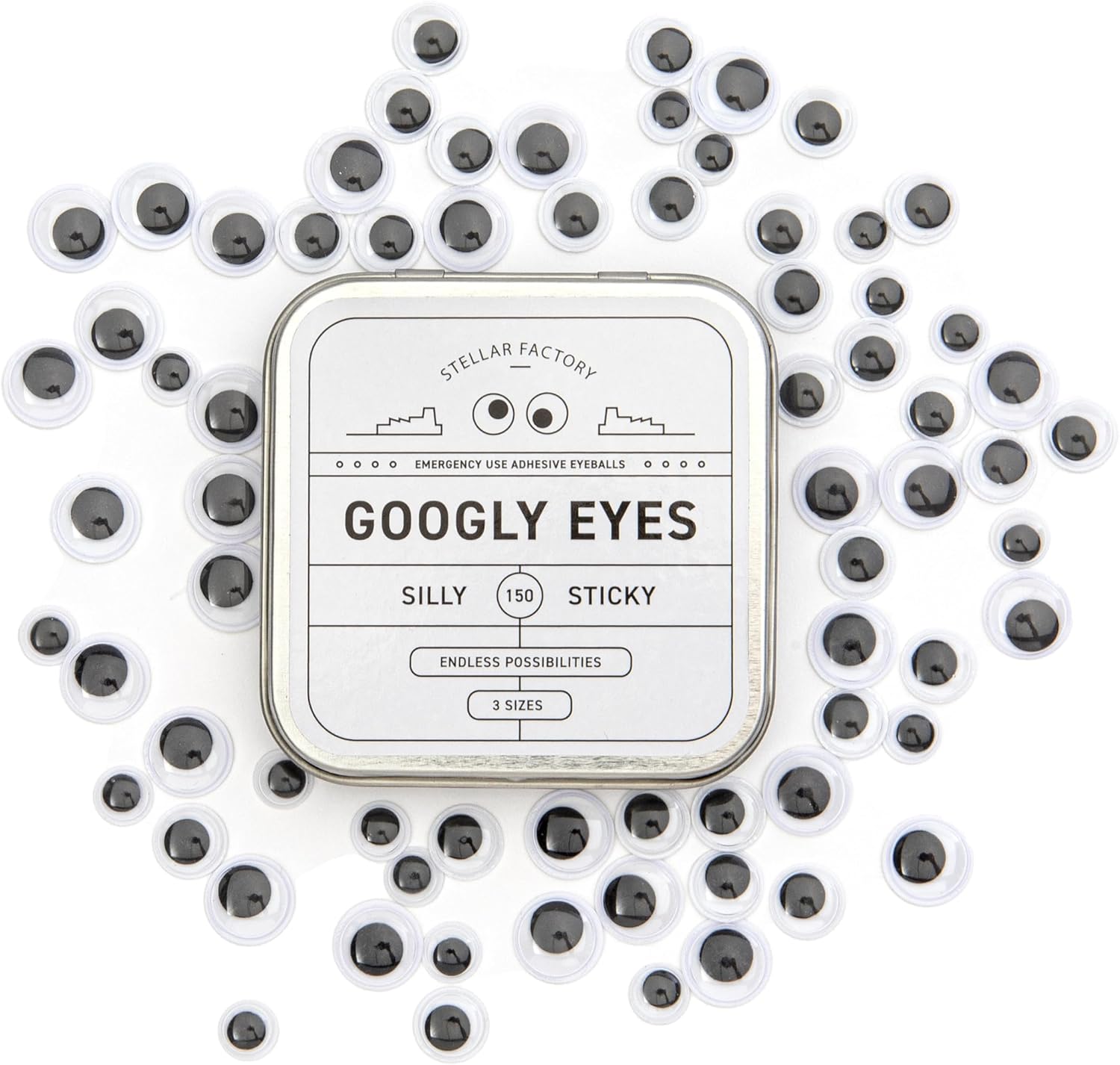 Stellar Factory Googly Eyes: Emergency Use Adhesive Eyeballs in Giftable Steel Tin – 150 pcs, 3 Sizes