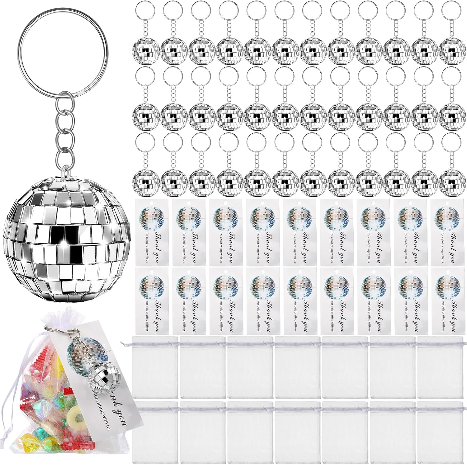 BBTO Mirror Disco Ball Keychain with Drawstring Sheer Organza Bags Thank You Tags 70s Accessories Disco Party Favor Supplies (120 Sets)