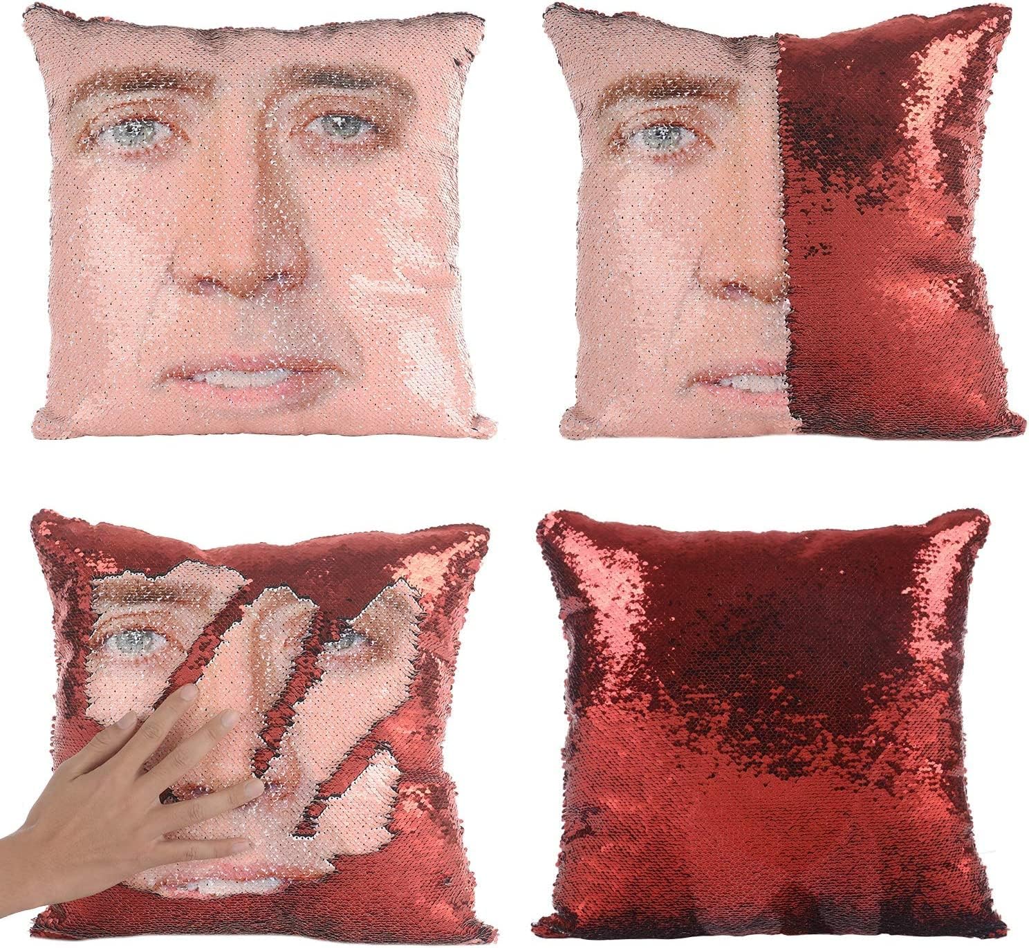 Nicolas Cages Pillow Covers Sequin Pillow Cases Funny Gag Gifts White Elephant Gifts Reversible Sequin Pillow Cover Decorative Throw Cushion Case 16 x 16 Inches